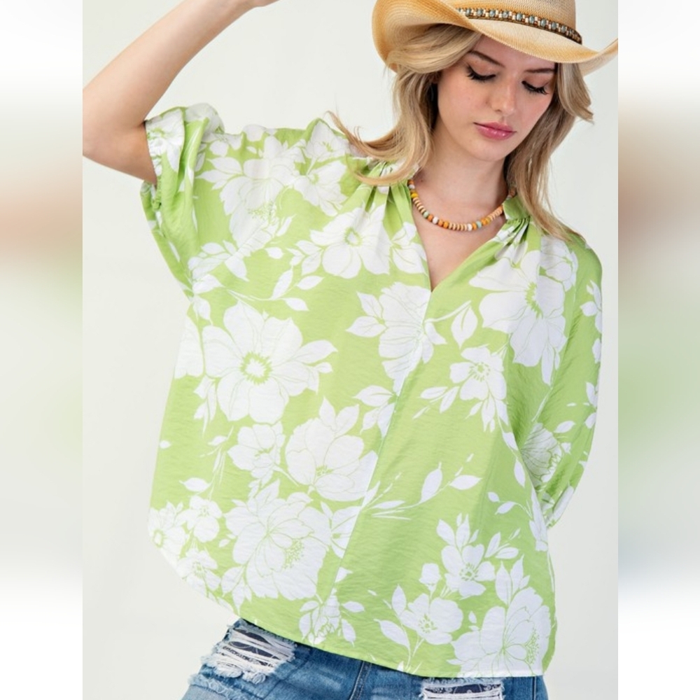 Floral Green and White Women's Top